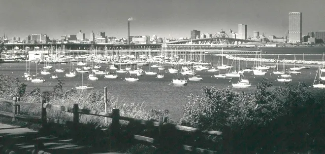 Historic view from Bay View bluff in 1987 showing clear skyline and marina
